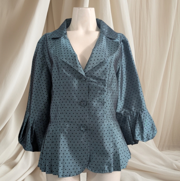 Dressbarn Collection Teal Black Polkadot Pleated Bell Sleeves Womens Blouse Top - Picture 9 of 9
